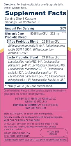 Renew Life Women's Probiotic Capsules, 50 Billion CFU Guaranteed, Supports Vaginal, Urinary Renew LifeBuy Supplements Australia