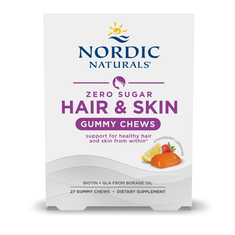 Nordic Naturals Zero Sugar Hair & Skin Gummy Chews, Strawberry Lemonade - 27 Gummy Chews - Biotin + GLA from Borage Oil - Promotes Healthy Balance of Fats in Skin - Non-GMO - 27 Servings Nordic NaturalsBuy Supplements Australia