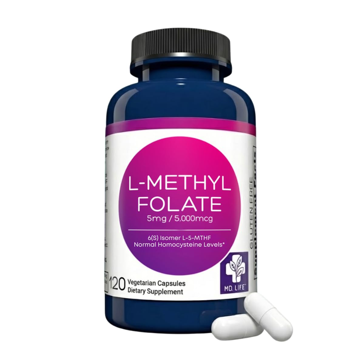 MD Life L-Methylfolate 5 mg Supplement - Professional-Grade Active L Methylfolate Supplement - 120 Capsules - L-Methylfolate 5mg - Maximum Potency MTHFR W/Essential Amino Acids MD.LIFEBuy Supplements Australia