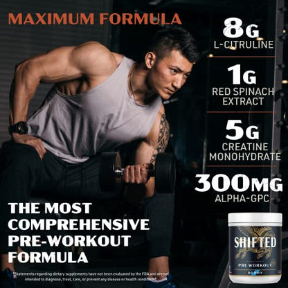 SHIFTED Maximum Pre Workout Powder, Energy & Focus Supplement with Creatine Monohydrate, Beta Alanine, Caffeine, Electrolytes, Pre-Workout Drink Mix, Muscle Pump/Growth Support, Berry, 20 Servings