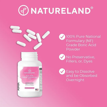 Natureland [40 Count Boric Acid Suppositories 600mg w/ [20 Pack] Vaginal Applicator - Feminine Care NaturelandBuy Supplements Australia