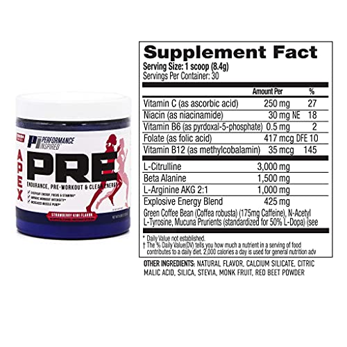 PERFORMANCE INSPIRED Nutrition - APEX Pre Workout Powder - Increase Energy & Endurance - Caffeine - Beta Alanine - All Natural - Vegan Formula - Strawberry Kiwi