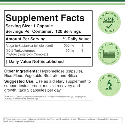 Turkesterone Supplement 500mg, 120 Capsules (Ajuga Turkestanica Extract Std. to 10% Turkesterone) Similar to Ecdysterone for Men's Health Support (Manufactured and Tested in the USA) by Double Wood Double Wood SupplementsBuy Supplements Australia