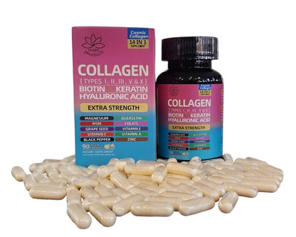 Collagen Peptides Types I, II, III, V & X, 64000 MCG, 14 in 1, Biotin, Keratin, Hyaluronic Acid, Magnesium, MSM, Grape Seed, Vitamin A C & E, Black Pepper, Quercetin, Folate, Zinc (90 Veggie Caps) Main ProductsBuy Supplements Australia