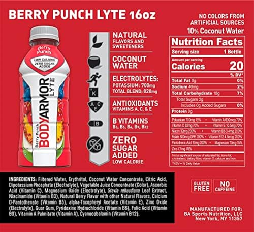 BODYARMOR LYTE Sports Drink Low-Calorie Sports Beverage, Berry Punch, Coconut BODYARMORBuy Supplements Australia