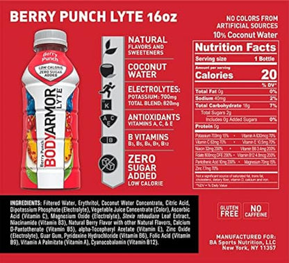 BODYARMOR LYTE Sports Drink Low-Calorie Sports Beverage, Berry Punch, Coconut BODYARMORBuy Supplements Australia