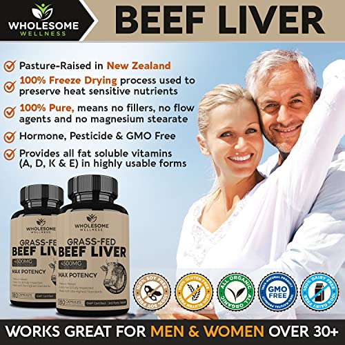 Grass Fed Desiccated Beef Liver Capsules (180 Pills, 750mg Each) - Natural Iron, Vitamin A Wholesome WellnessBuy Supplements Australia