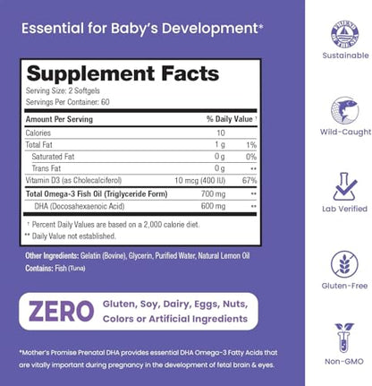 Prenatal DHA for Women 600mg + 400 IU Vitamin D3 | 120 Softgels | Supports Brain Health | Triglyceride Omega 3 Fish Oil DHA Prenatal Vitamins for Pregnancy & Nursing | 300mg per Capsule Mother's PromiseBuy Supplements Australia