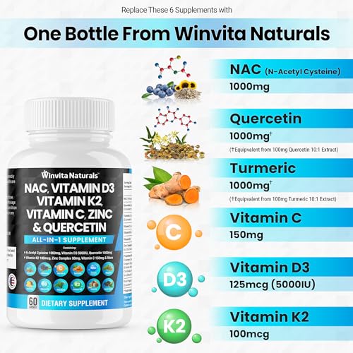 NAC Supplement N-Acetyl Cysteine 1000mg Vitamin C Vitamin D3 K2, Zinc, Turmeric Curcumin Winvita NaturalsBuy Supplements Australia