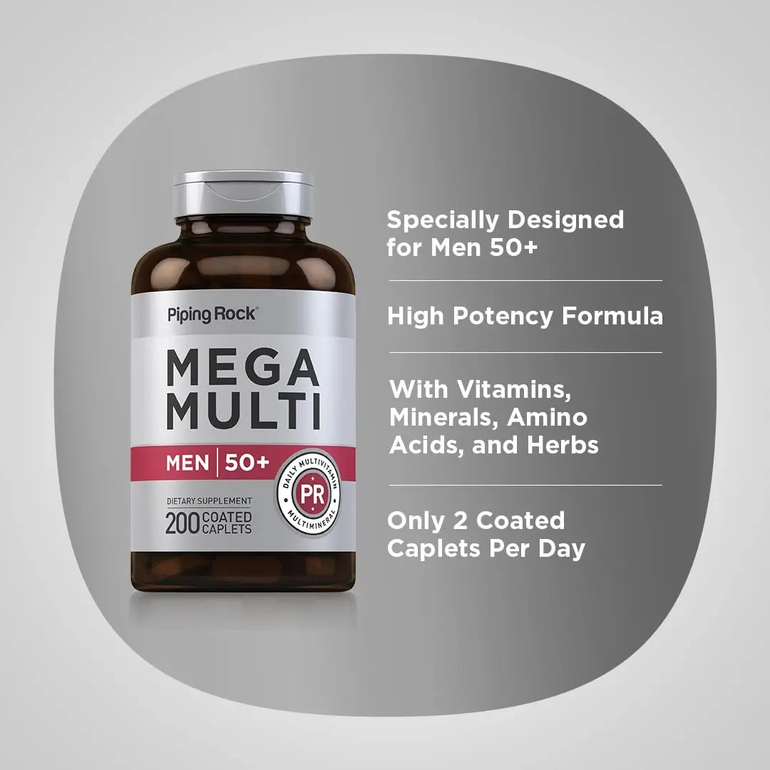 Piping Rock Multivitamin for Men Over 50+ | 200 Caplets | Mega 50 Plus Daily Multimineral | with Magnesium, Calcium, Zinc | Piping Rock