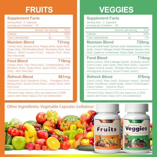 VBTOP Fruit & Vegetable Supplement - Natural Ingredients - 2 Bottles - 180 Capsules Total | A Blend of 20+19 Natural Whole Fruits & Vegetables, a Fresh superfood Formula Rich in Vitamins and Minerals VBTOPBuy Supplements Australia