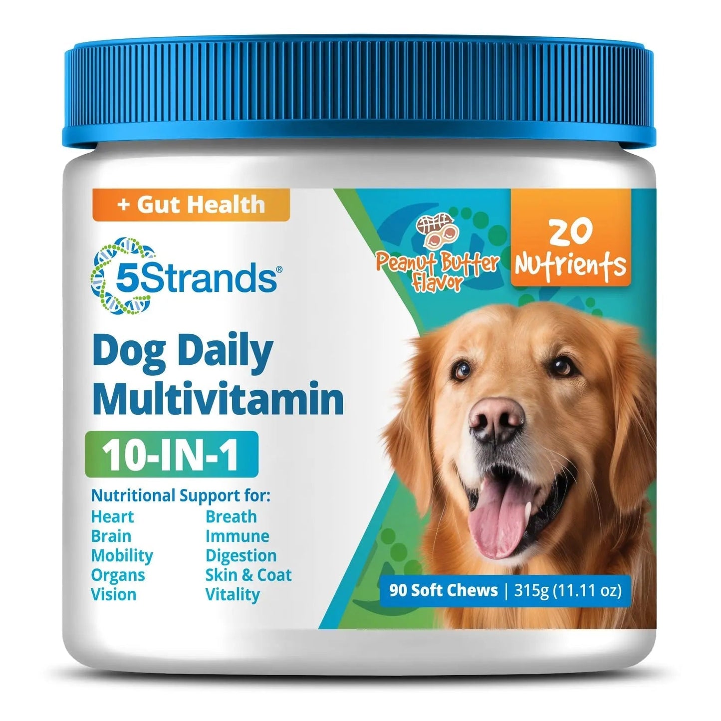 5Strands Dog Multivitamin Chews, 10-in-1, Vitamins & Postbiotics, All Ages & Breeds - Digestion, Brain, Organs, Heart, Mobility, Vision, Skin & Coat, Immunity - Dog Supplement (Peanut Butter, 90ct) - Maple Wellness Supplements