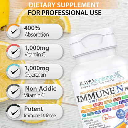 (60 Capsules), NAC 600mg, Quercetin 1,000mg, Vitamin C 500mg, Zinc 50mg, Vitamin D3 5,000iu, Selenium, Copper, Acerola, Ginger, Rutin, Citrus Bioflavonoids, Rose Hips, Echinacea, Immune N Plus 15 in 1 - Maple Wellness Supplements
