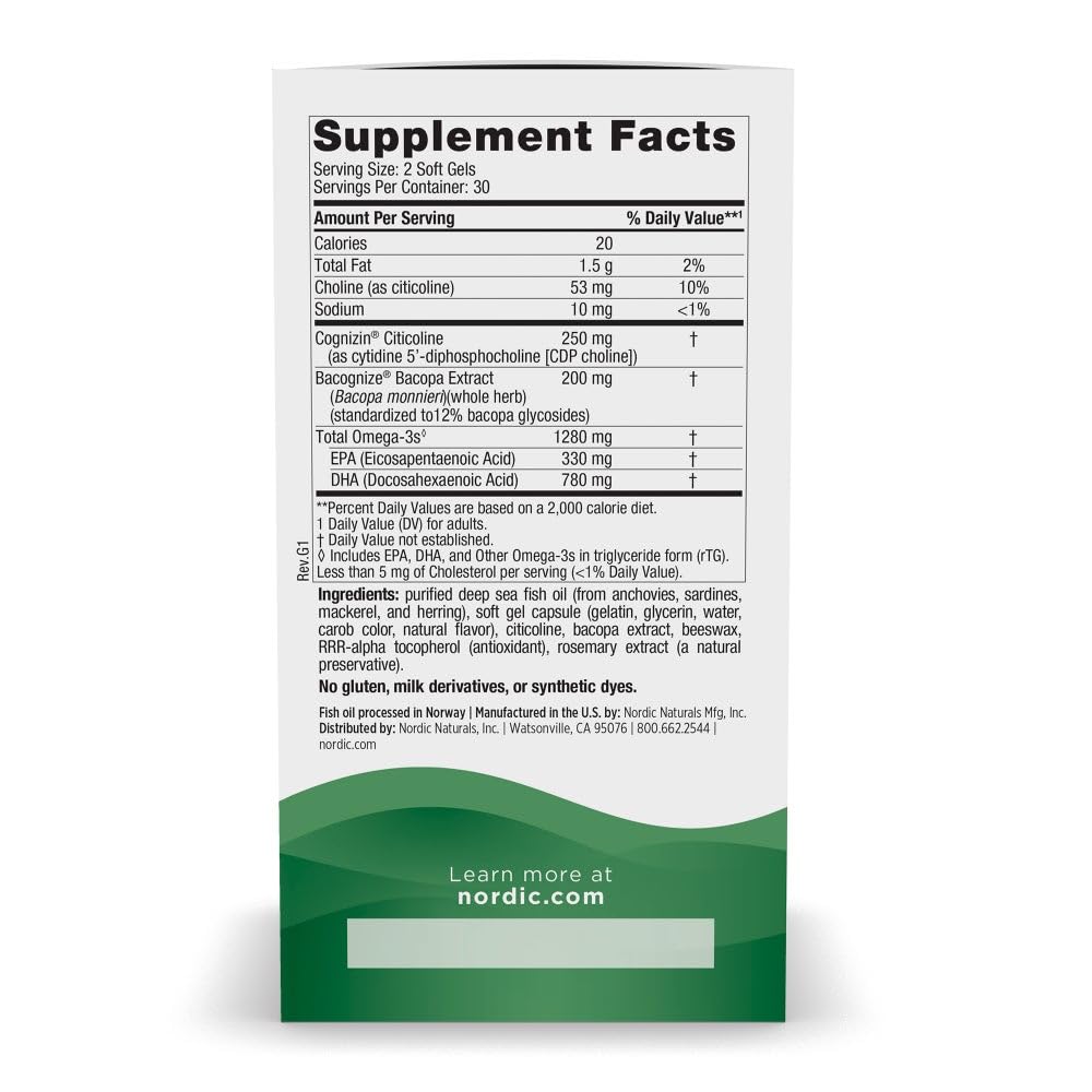 Nordic Naturals Omega Focus, Lemon - 60 Soft Gels - 1280 mg Omega-3 + Citicoline & Bacopa Monnieri Extract - Focus, Attention, Memory, Brain Health - Non-GMO - 30 Servings Nordic NaturalsBuy Supplements Australia