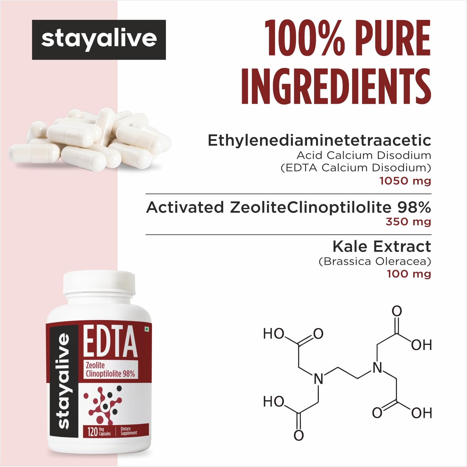 STAY ALIVE EDTA Capsules 1500mg with Zeolite 98% and Kale Extract Powder, 120 Pills, Non-GMO & Gluten Free Calcium Disodium EDTA Supplement STAY ALIVEBuy Supplements Australia