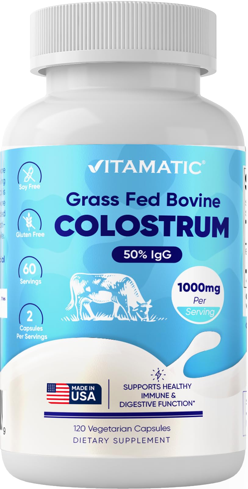 Vitamatic Bovine Colostrum Supplement 1000 mg per Serving - 50% Highest IgG - Supplement for Gut Health, Hair Growth, Beauty, Muscle Recovery, & Immune Support - 120 Capsules VitamaticBuy Supplements Australia