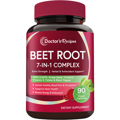Doctor's Recipes Beet Root Capsules, 20:1 Extract with Grape Seed, CoQ10, Turmeric, Black Pepper for Enhanced Absorption, Supports Heart, Circulation, Energy & Nitric Oxide, Non-GMO, 90 Veg Caps Doctor's RecipesBuy Supplements Australia