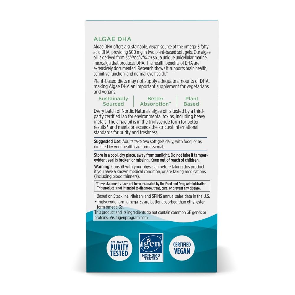 Nordic Naturals Algae DHA - 60 Soft Gels - 500 mg Omega-3 DHA - Certified Vegan Algae Oil - Plant-Based DHA - Brain, Eye & Nervous System Support - Non-GMO - 30 Servings Nordic NaturalsBuy Supplements Australia