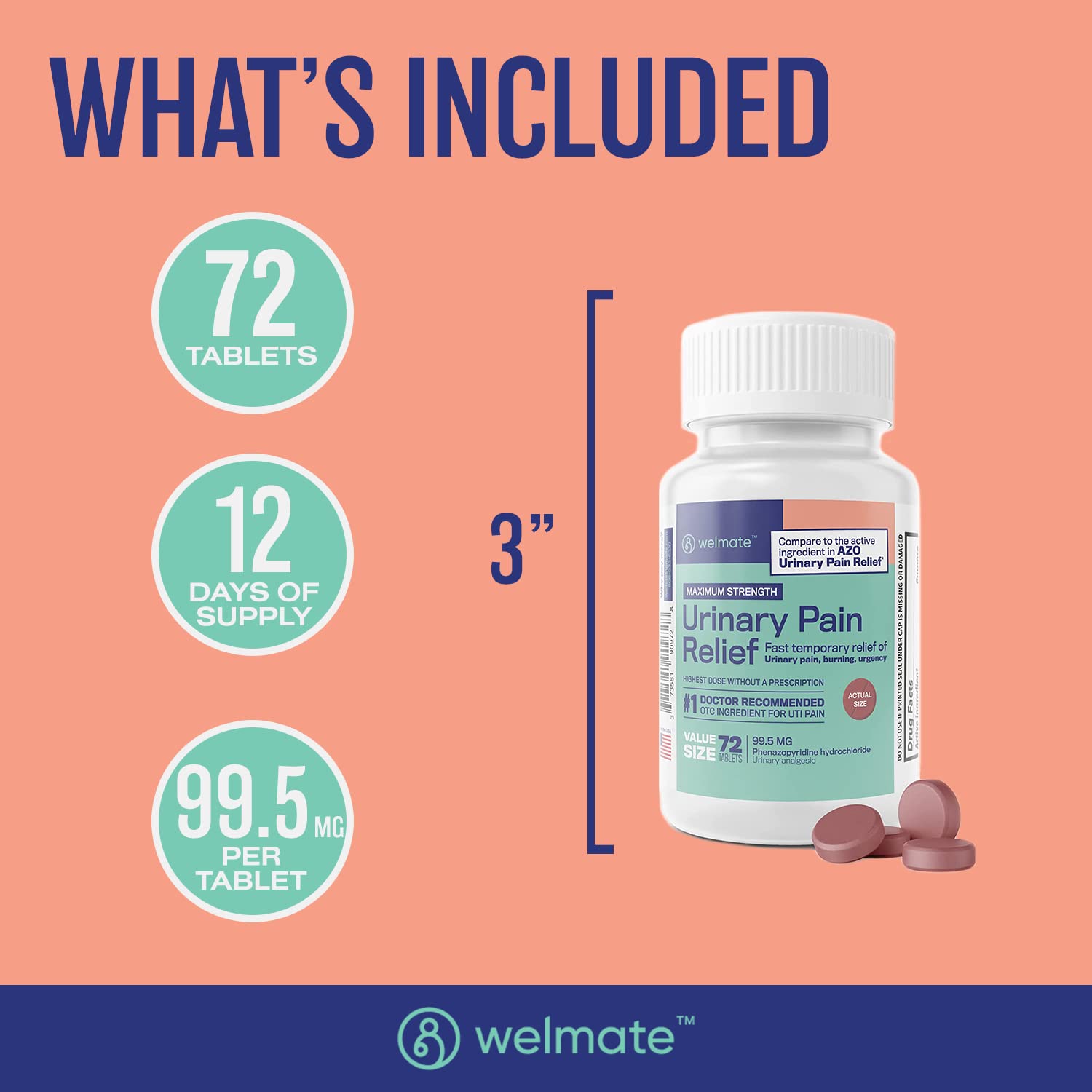 WELMATE Urinary Pain UTI Relief Maximum Strength (Phenazopyridine HCL) - Improve Urinary Tract Health & Bladder Control, Urgency, & Discomfort | Over-The-Counter Medication for Men & Women (72 Pills) WELMATEBuy Supplements Australia