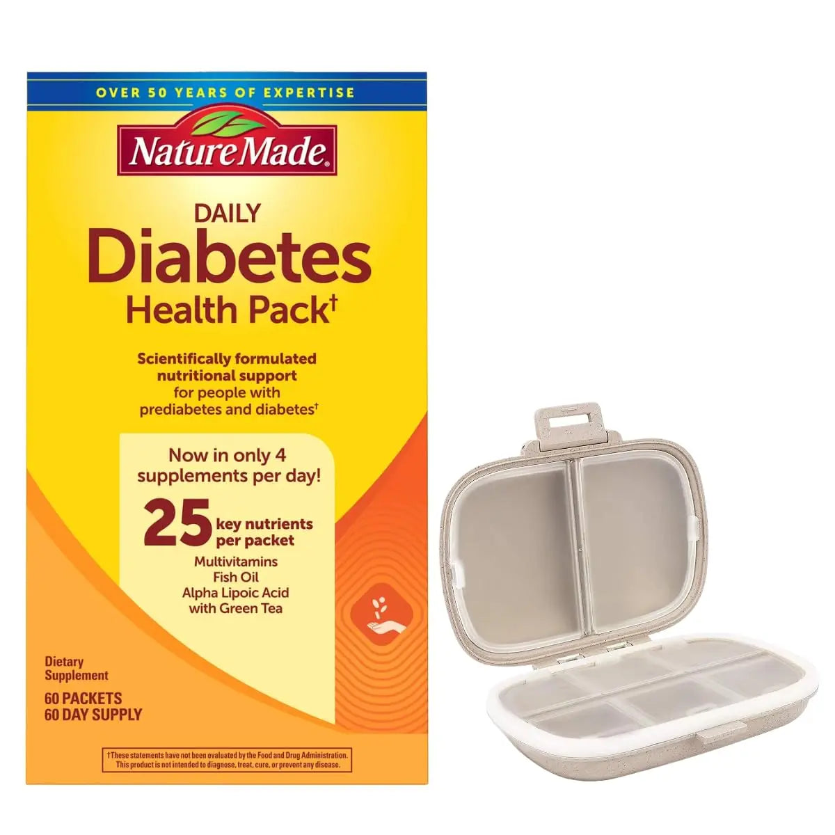 Nature Made Daily Diabetes Health Pack, Dietary Supplement for Nutritional Support, 60 Packets Bundle with a Pill oragnizer (2 Items) Nature Made