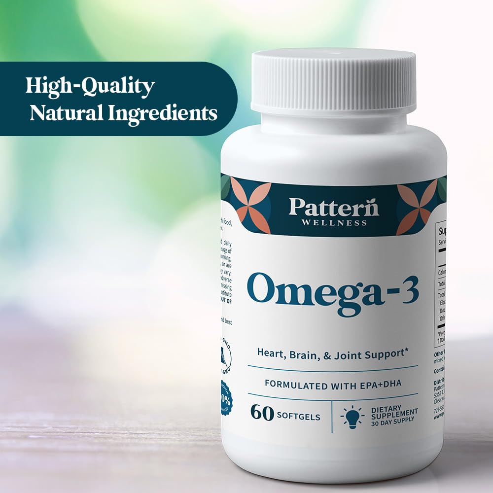 Pattern Wellness Omega 3 Softgels - Pure Fish Oil Formula - Helps Maintain Brain, Heart & Joint Health - 3rd Party Lab Tested - Non-GMO, Dairy-Free, Gluten-Free - 60 Softgels Pattern WellnessBuy Supplements Australia