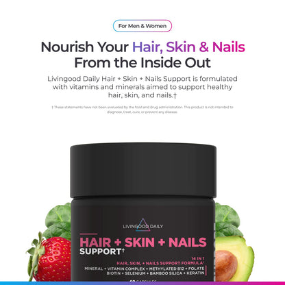 Livingood Daily Hair, Skin & Nails Supplement, 14-in-1 Formula with Biotin, Collagen, Keratin, Bamboo, Selenium, Folate, B12, Zinc and More, Beauty Supplement for Women & Men, Gluten Free, 60 Capsules Livingood DailyBuy Supplements Australia