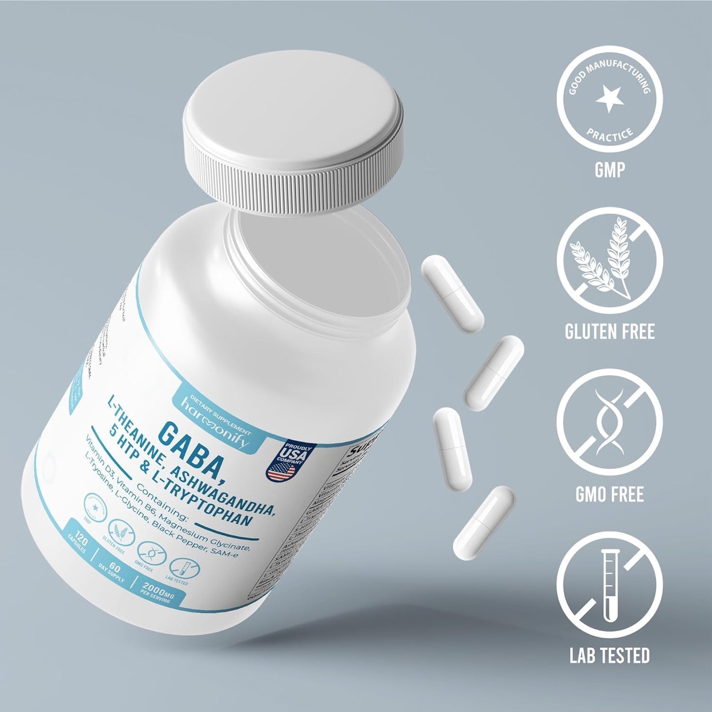 HARMONIFY GABA L-Theanine Supplements with Magnesium Glycinate, Ashwagandha, Same, 5-HTP and L-Tryptophan, 12 in 1 Supplements, 120 Capsules, 2000 mg HARMONIFYBuy Supplements Australia