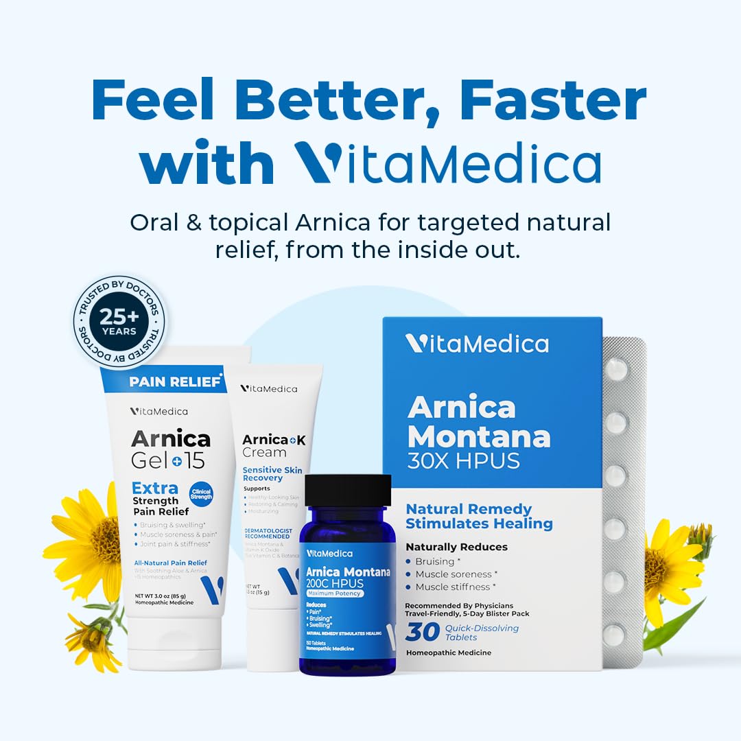 VitaMedica Arnica Montana 200C Rapid Dissolve Tablets for Natural Pain, Bruising, and Swelling Support - High Potency Homeopathic Medicine for Injury and Surgery Recovery - 150 Ct - 50 Servings VitaMedicaBuy Supplements Australia