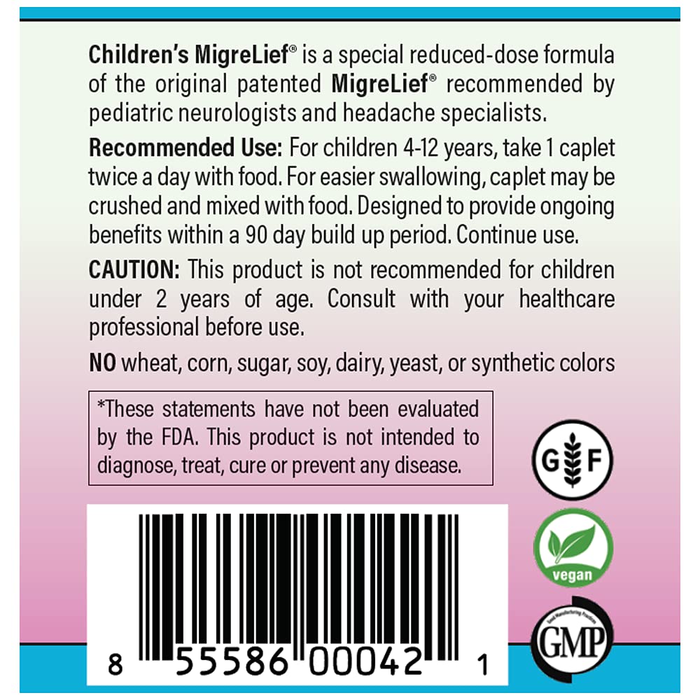 Children's MigreLief® - Triple Therapy with Puracol™ - Nutritional Support for Pediatric Migraine Sufferers - 60 Caplets/1 Month Supply MigreLiefBuy Supplements Australia