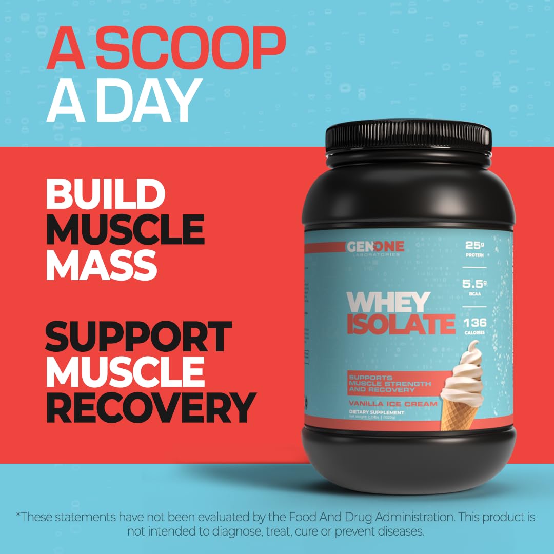 GenOne Whey Protein Powder Isolate, 25g Protein and 5.5g BCAAs per Serving, Vanilla Ice GENONE LABORATORIESBuy Supplements Australia