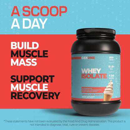 GenOne Whey Protein Powder Isolate, 25g Protein and 5.5g BCAAs per Serving, Vanilla Ice GENONE LABORATORIESBuy Supplements Australia