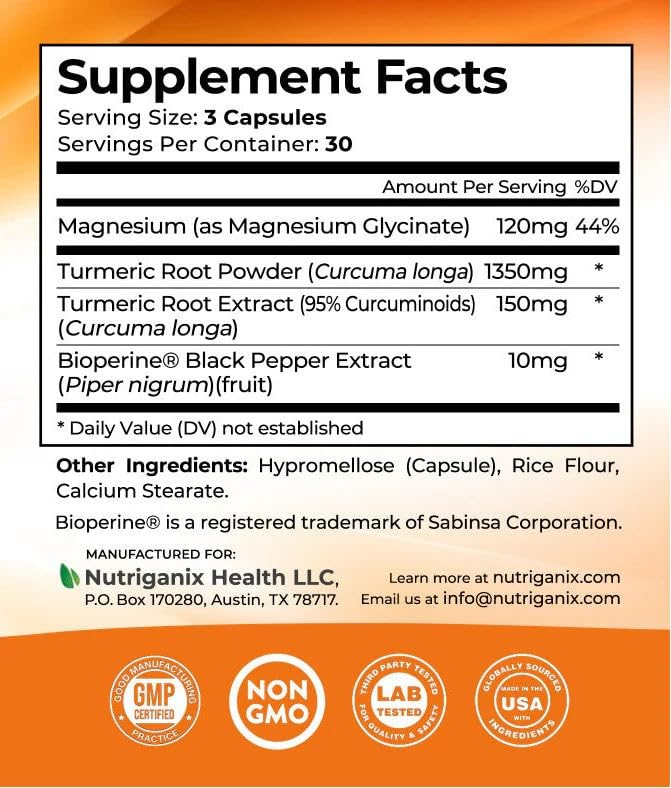 Turmeric Tranquility Turmeric Curcumin & Magnesium Glycinate with BioPerine – Support for Stress Relief, Sleep, Heart Health, Muscles, Metabolism, and Joint Health* - High Absorption - 90 Capsules (1) NutriganixBuy Supplements Australia