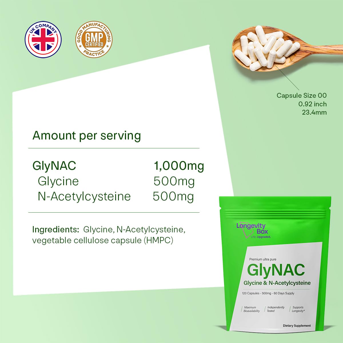 Longevity Box Ultra Pure GlyNAC Supplement 1000mg (500mg Glycine + 500mg N-Acetyl Cysteine) - Glutathione Precursor for Healthy Aging, Energy & Cellular Protection - 120 Vegan Capsules Longevity BoxBuy Supplements Australia