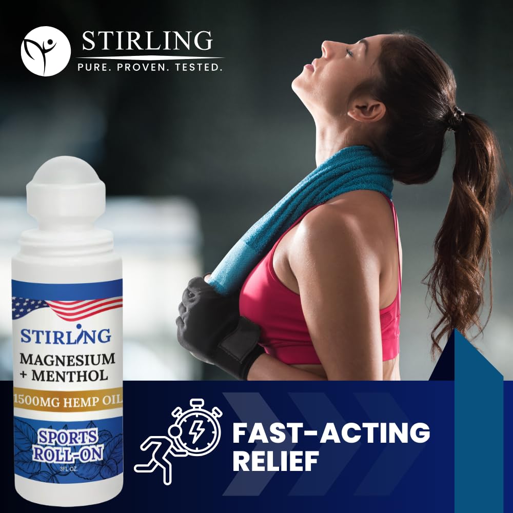 Stirling Menthol Roll On Lotion with Magnesium and 1500mg Pure Hemp - Non-GMO, THC-Free - Fast-Acting Relief for Sore Muscles and Joints, Reduces Swelling and Redness, Promotes Post-Workout Recovery STIRLINGBuy Supplements Australia
