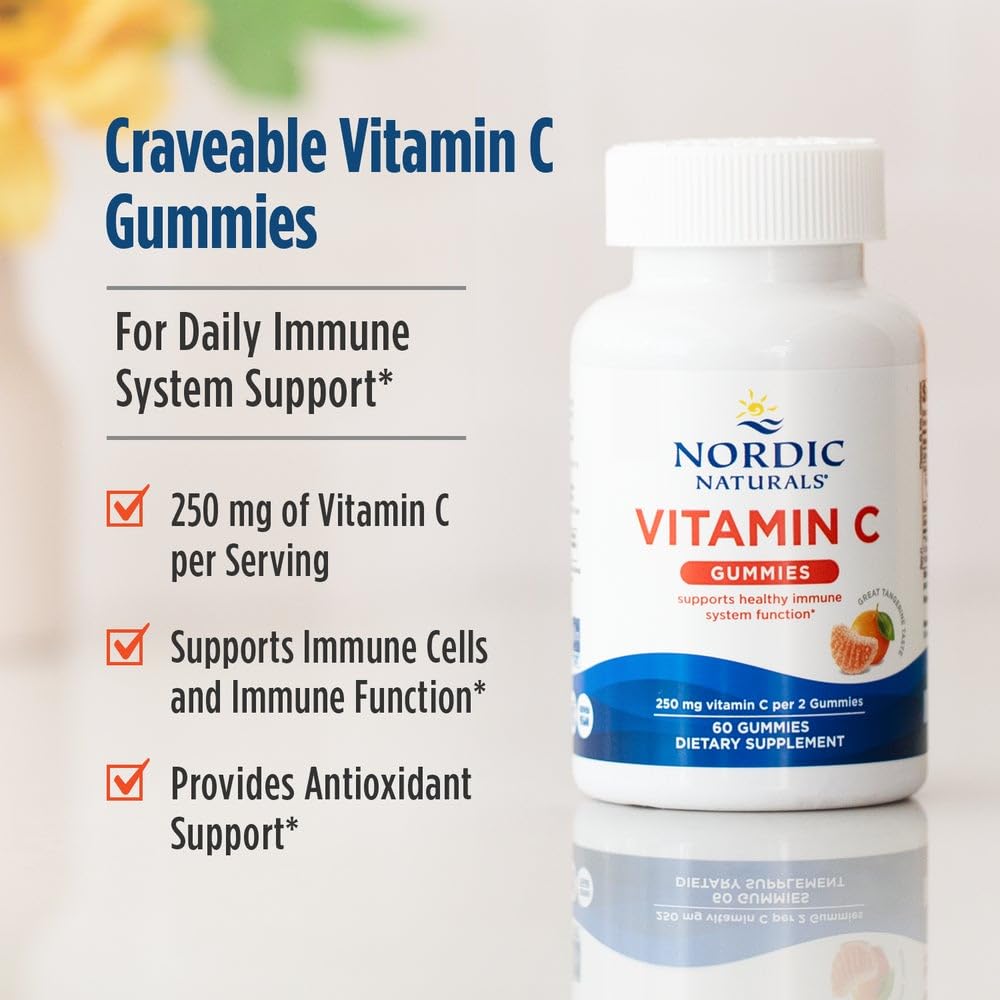 Nordic Naturals Vitamin C Gummies, Tart Tangerine - 120 Gummies - 250 mg Vitamin C - Immune Support, Antioxidant Protection