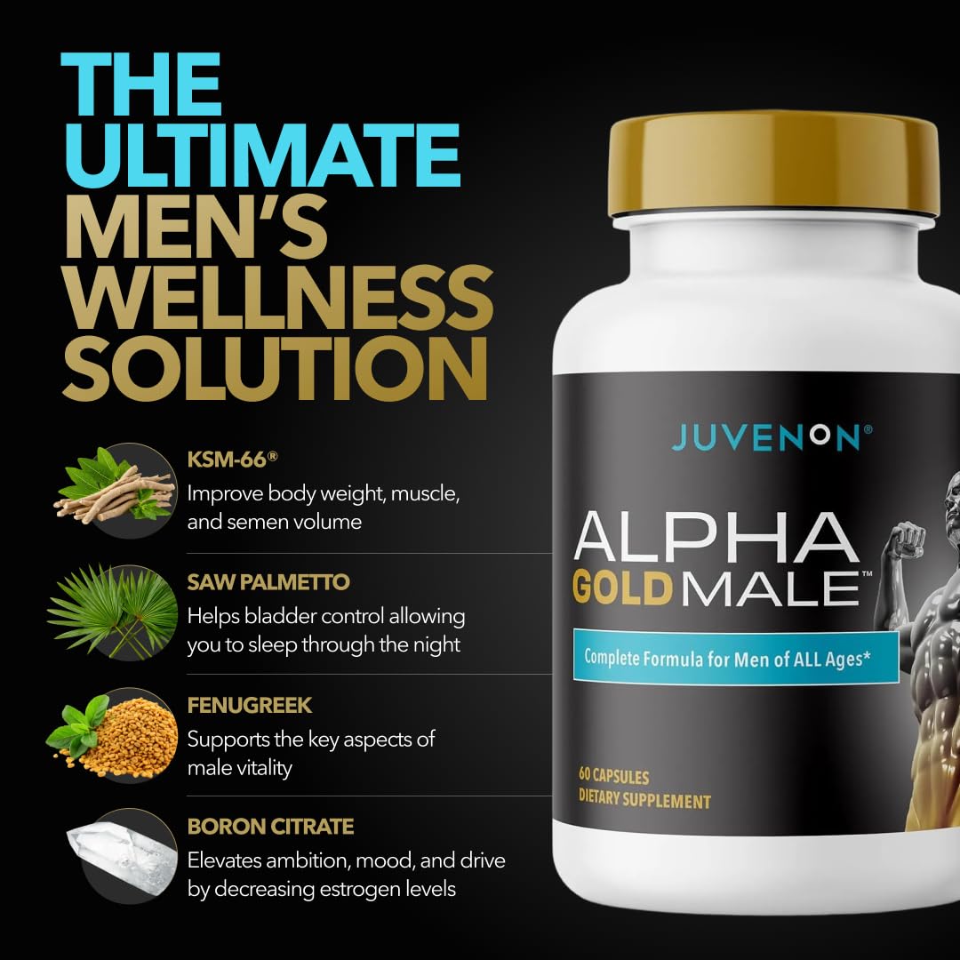 Juvenon Alpha Gold Male Testosterone Booster for Men - T-Support & Male Vitality with KSM-66 Ashwagandha + Fenugreek + Boron Citrate + Saw Palmetto, Non-GMO Vegetarian Capsules JuvenonBuy Supplements Australia