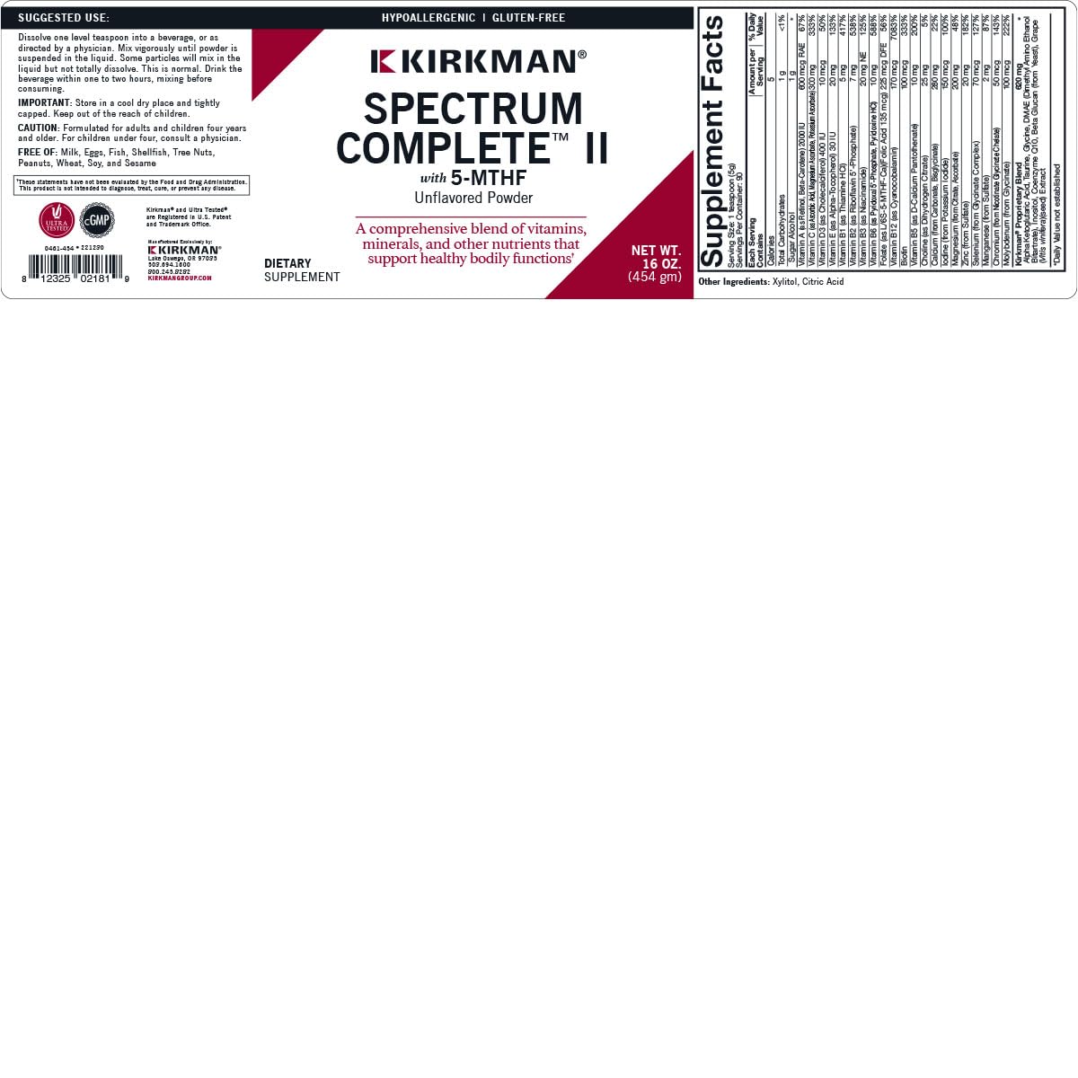 Kirkman Spectrum Complete II Powder - Hypoallergenic - 454 gm/16 oz KirkmanBuy Supplements Australia