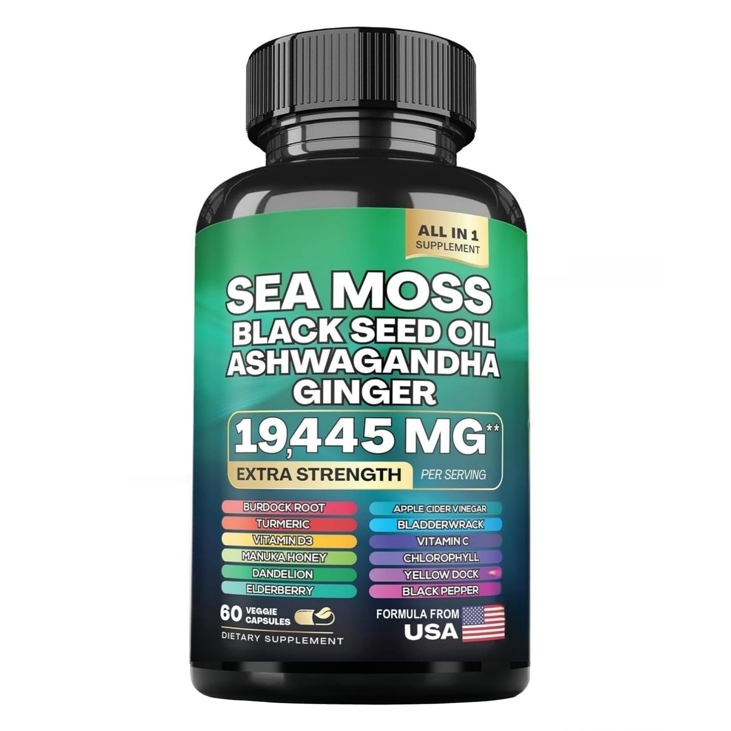 HealthyFinds Sea Moss Black Seed Oil Ashwagandha Ginger Capsules with Turmeric Bladderwrack Burdock & Vitamin C Vitamin D3 with Elderberry Manuka Dandelion Yellow Dock Iodine Chlorophyll ACV HealthyFindsBuy Supplements Australia