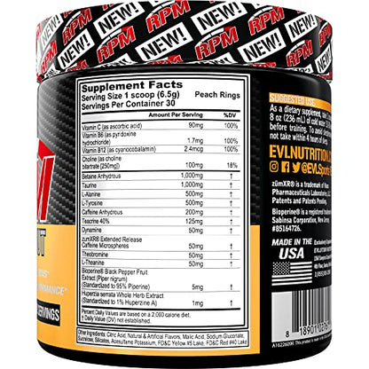 Pre Workout Powder for Energy and Focus - EVL RPM Energy Pre Workout Energy Drink Powder with Betaine Alanine Caffeine and Theacrine - Preworkout Powder Drink for Amplified Performance (Peach Rings)