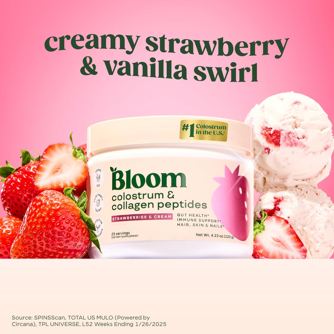 Bloom Nutrition Bovine Colostrum Powder with Vitamin B-12 for Gut Health, Immune Support, Hair Growth & Beauty Supplement | Strawberry, 25 Servings Bloom NutritionBuy Supplements Australia