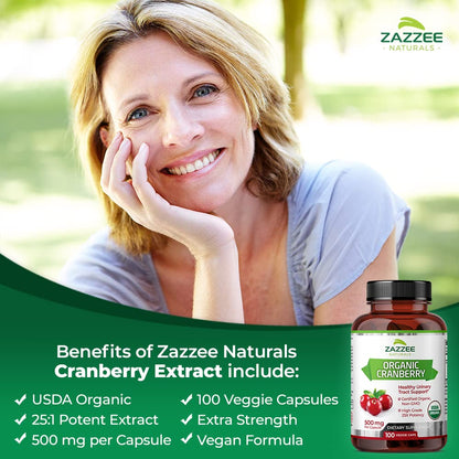Zazzee USDA Organic Cranberry 25:1 Extract, 12,500 mg Strength, 100 Vegan Capsules ZazzeeBuy Supplements Australia