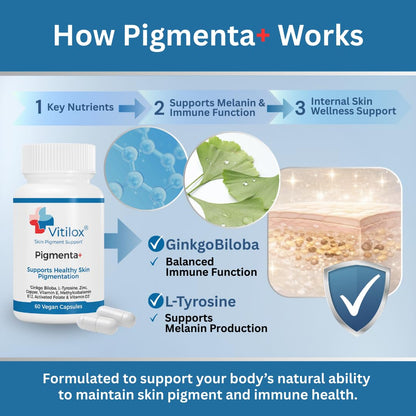 Vitilox Pigmenta+ Advanced, Skin Tone Support Supplement – 60 Tablets | 2 Months | Natural Vitiligo Skin Pigmentation Support | Reduce White Body Spots VitiloxBuy Supplements Australia