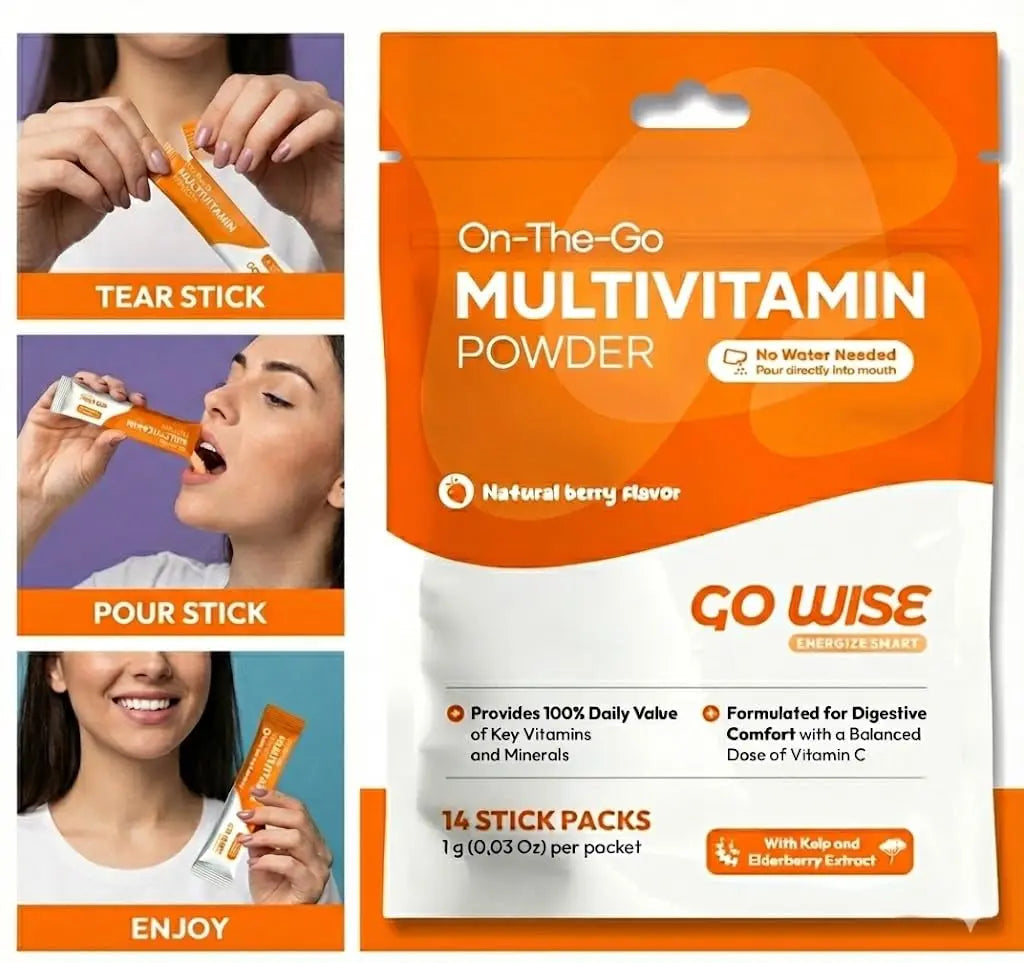 Go Wise On The Go Multivitamin Powder, 14 Vegan Daily Vitamin Packets for Men & Women, Natural Berry Flavor Go Wise