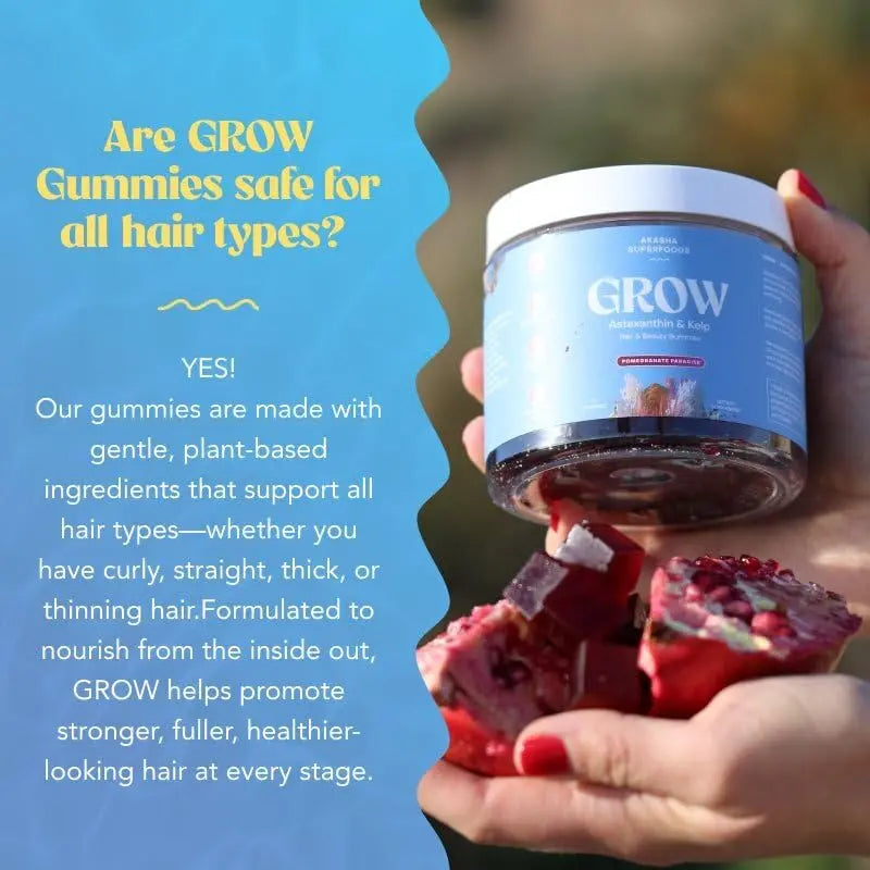 Akasha Superfoods Grow Hair & Beauty Gummies, Supplement with Zinc, Vitamin E, Astaxanthin, Kelp, & Pumpkin Seed, Plant Based Gummies for Women & Men Akasha Superfoods