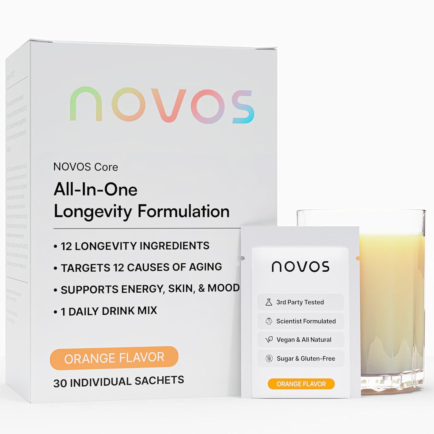 Novos Core Clinical Longevity Mix | Anti-Aging Supplement Drink Mix for Men & Women | Magnesium, L-Theanine, Fisetin and More | Supports Energy, Mood, Sleep & Cognition | Orange Flavor (30 Servings) NovosBuy Supplements Australia