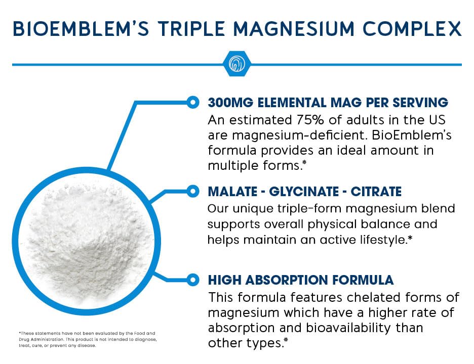 BioEmblem Triple Magnesium Complex | 300mg Magnesium Glycinate, Malate & Citrate | High Absorption Chelated Formula