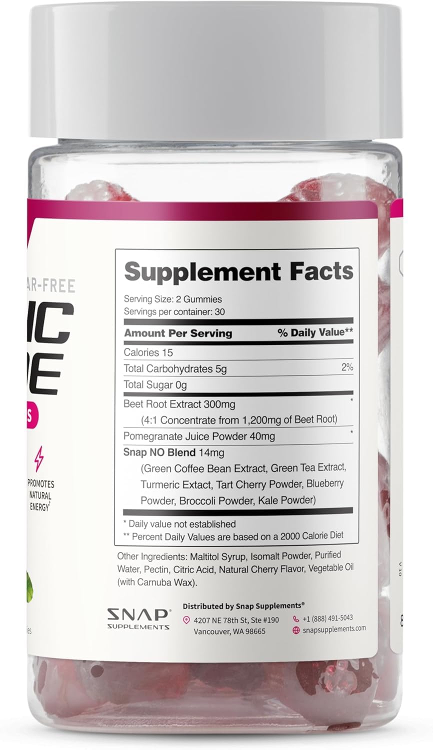 Snap Supplements Nitric Oxide Gummies - Beet Root Extract 300mg, Sugar Free Beetroot Supplement with Pomegranate Powder for Circulation & Natural Energy, 60 Vegan Gummies, Cherry Flavor Snap SupplementsBuy Supplements Australia