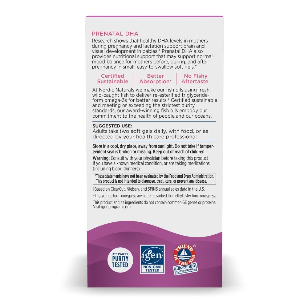 Nordic Naturals Prenatal DHA, Unflavored - 180 Soft Gels - 830 mg Omega-3 + 400 IU Vitamin D3 - Supports Brain Development in Babies During