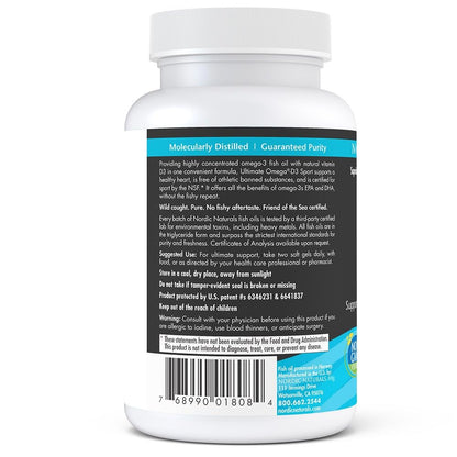 Nordic Naturals Ultimate Omega-D3 Sport, Lemon - 60 Soft Gels - 1480 mg Omega-3 + 1000 IU Vitamin D3 - NSF Certified - Supports Muscle, Bones, Focus & Endurance - 30 Servings Nordic NaturalsBuy Supplements Australia