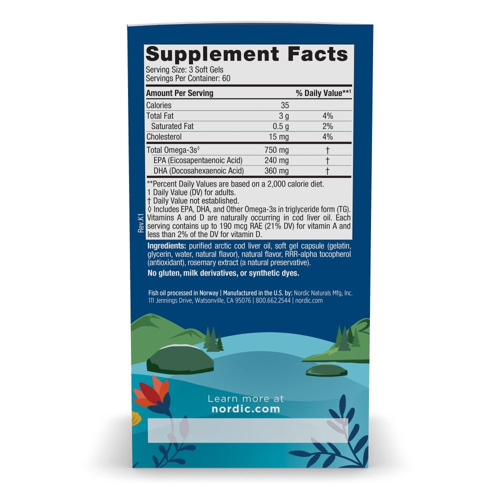 Nordic Naturals Arctic Cod Liver Oil, Lemon - 180 Soft Gels - 750 mg Total Omega-3s with EPA & DHA - Heart & Brain Health, Healthy Immunity